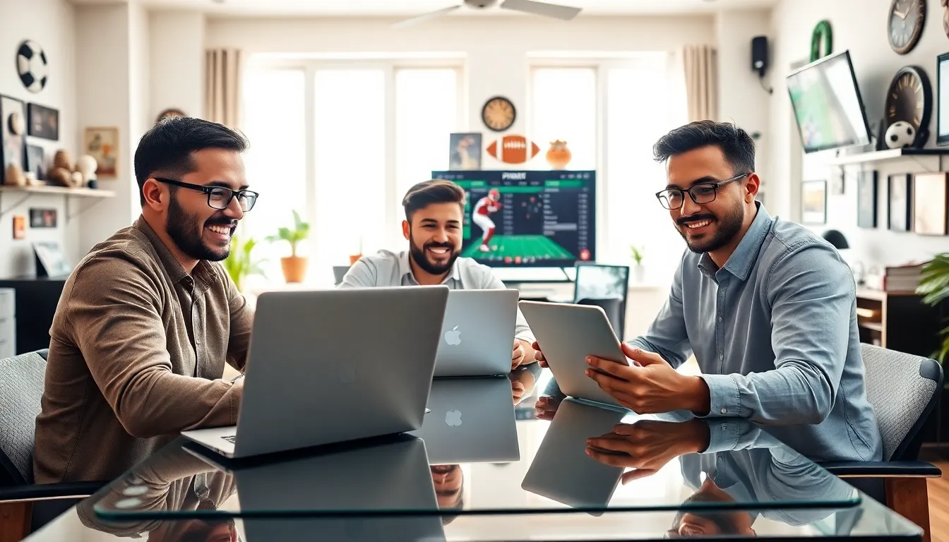 diverse group placing bets on a sleek online betting platform.