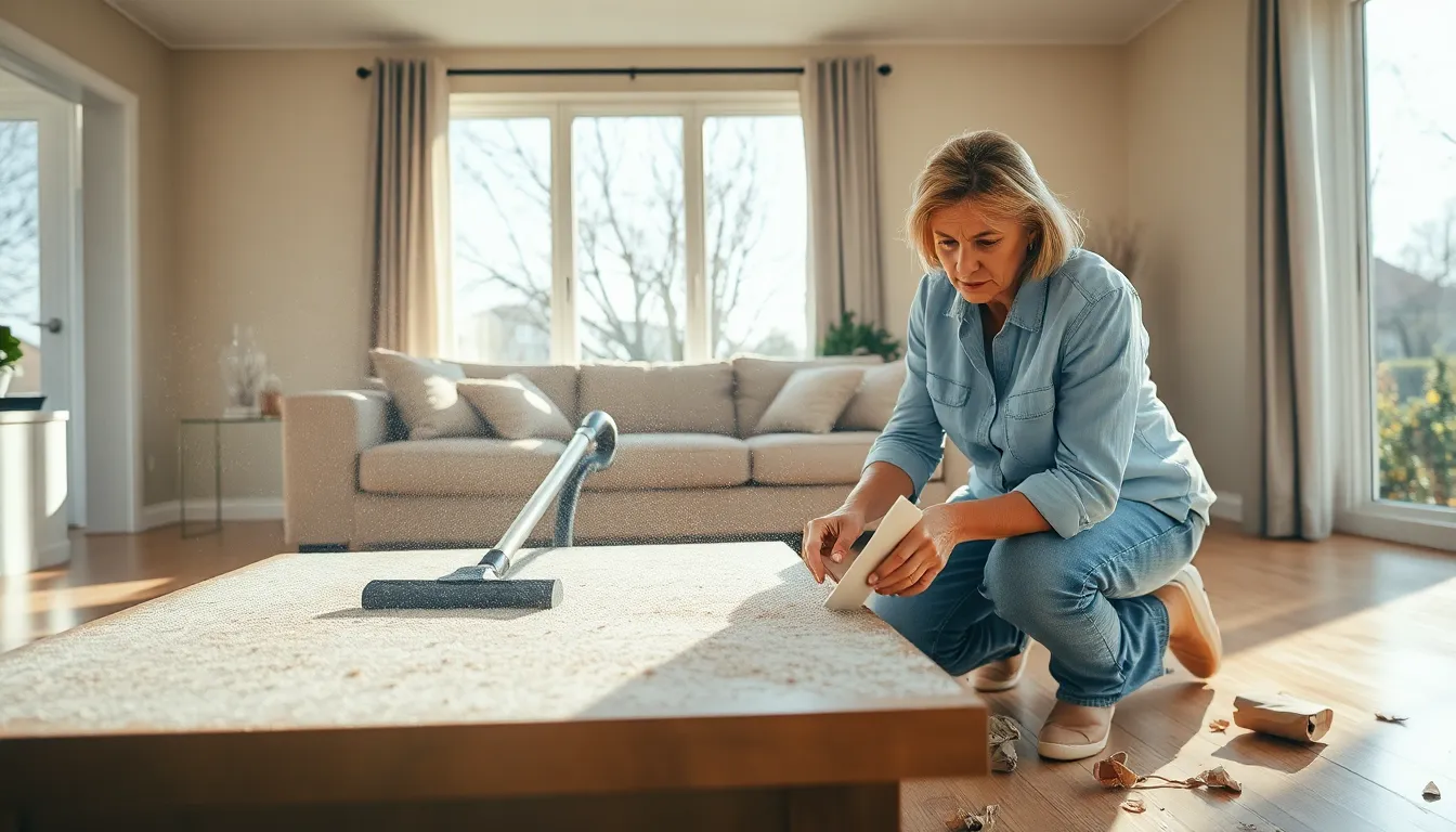 a woman inspecting dust and debris in a living room.