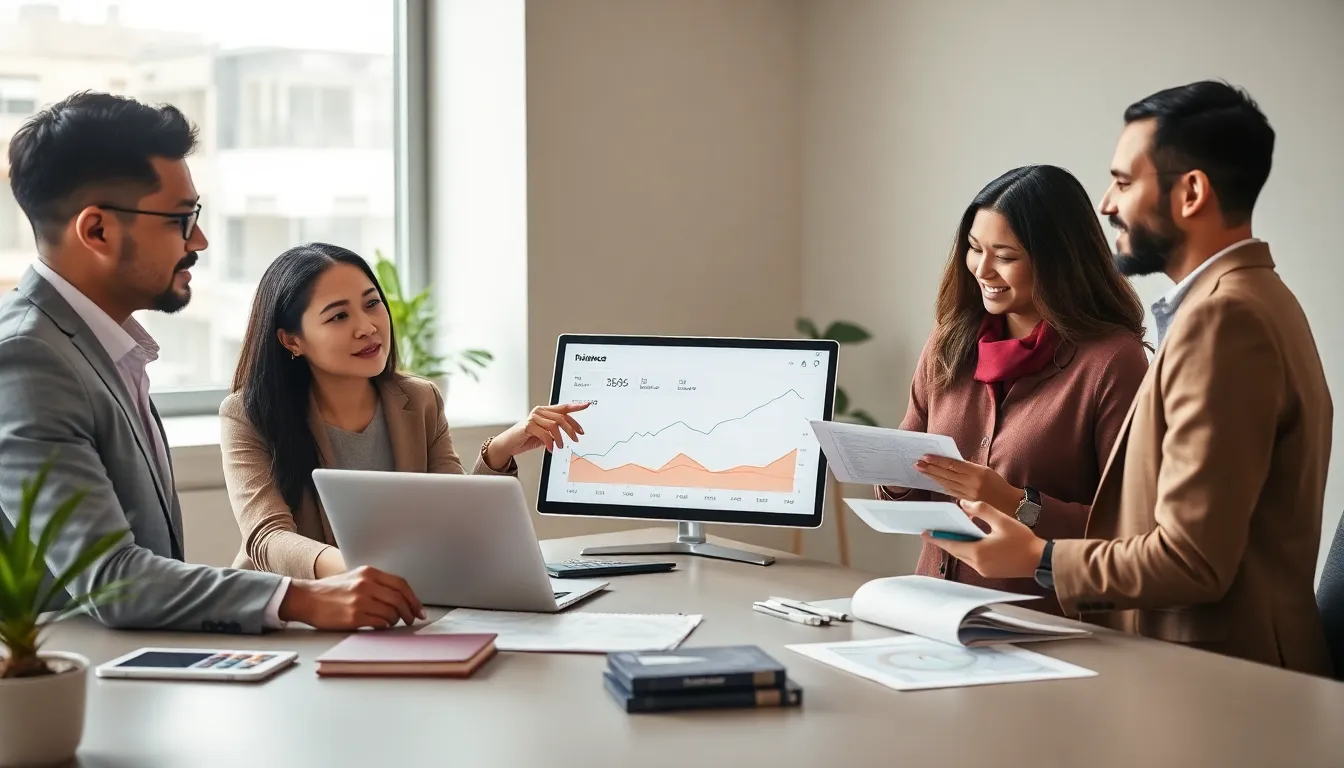diverse professionals discussing saving strategies in a modern office.