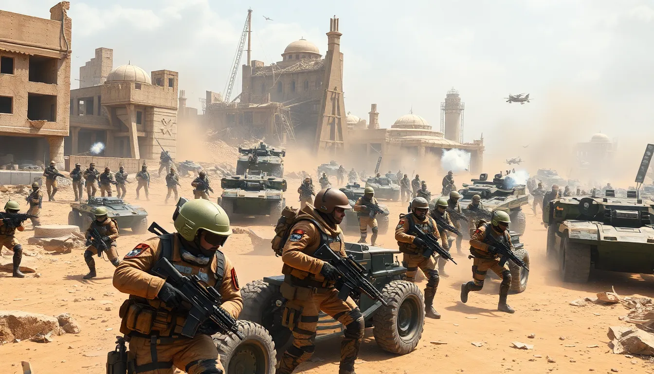 diverse soldiers in futuristic combat environment on a chaotic battlefield.
