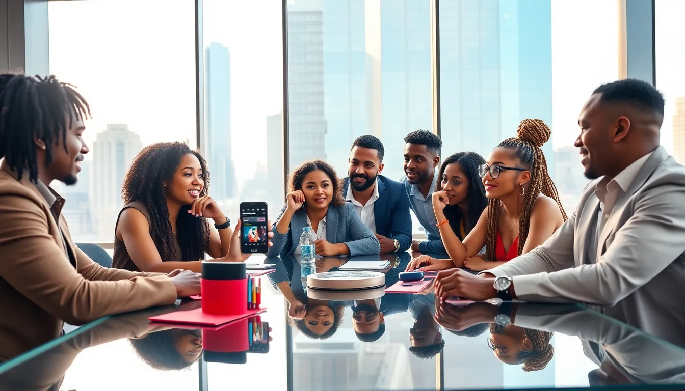 diverse group of young professionals discussing lifestyle music in a modern office.