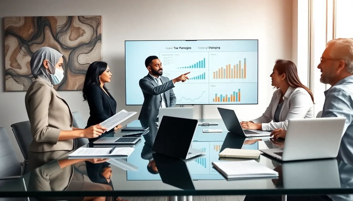 diverse professionals collaborating on tax planning in a modern office.