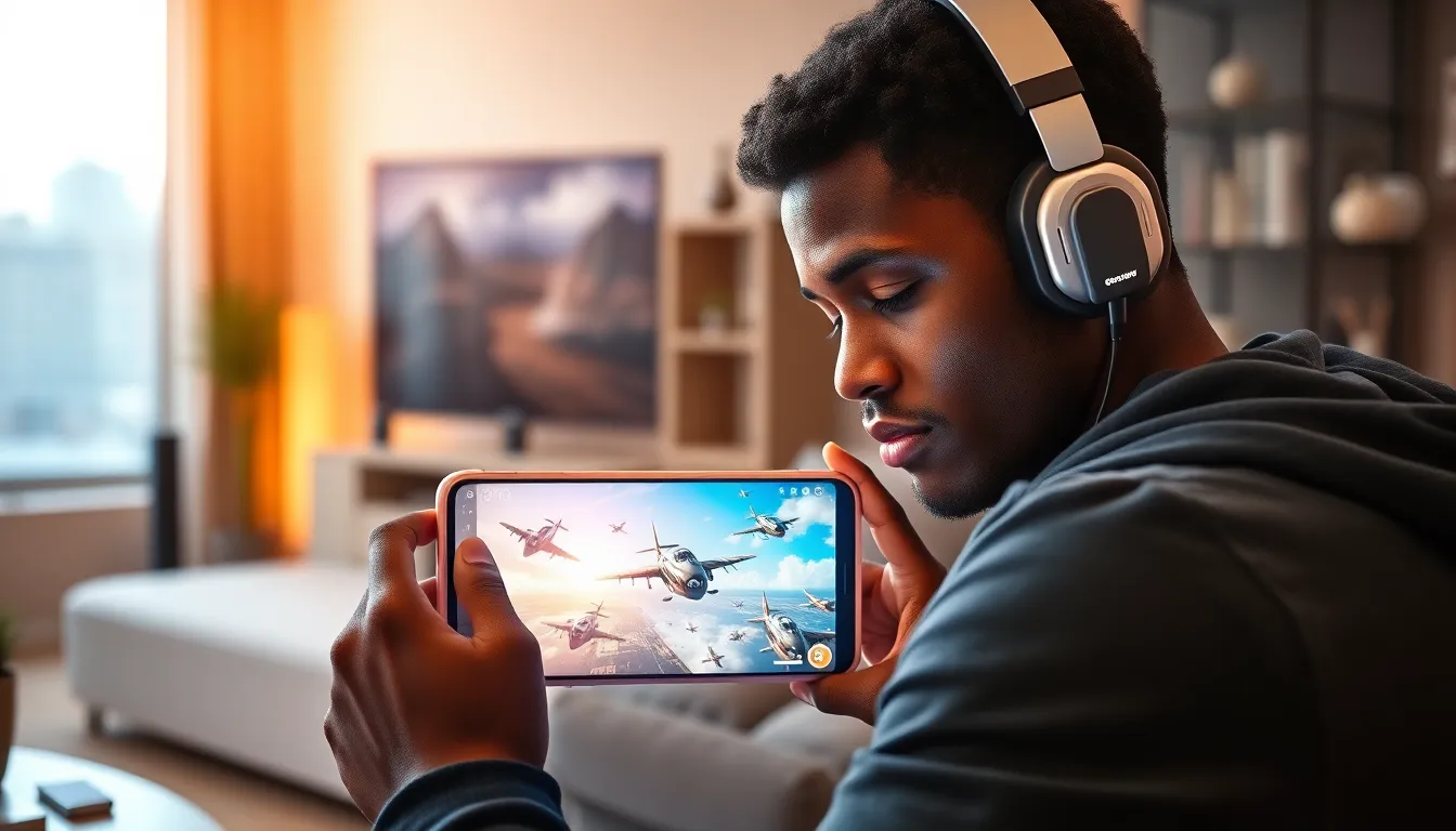 gamer playing CaladriusAPK20192 on a smartphone in a modern room.