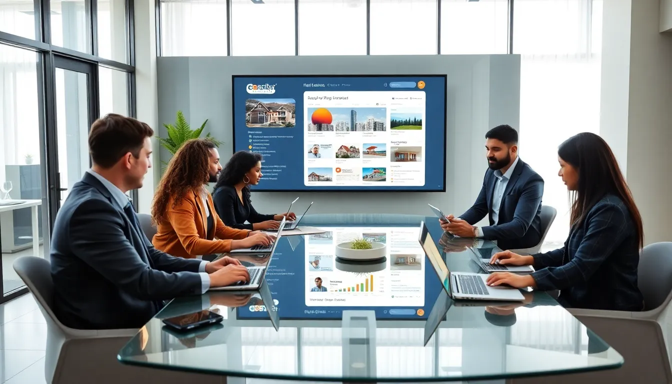 diverse team collaborating in a modern office on real estate technology.