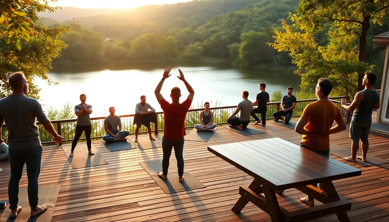 diverse men practicing yoga at a serene wellness retreat.