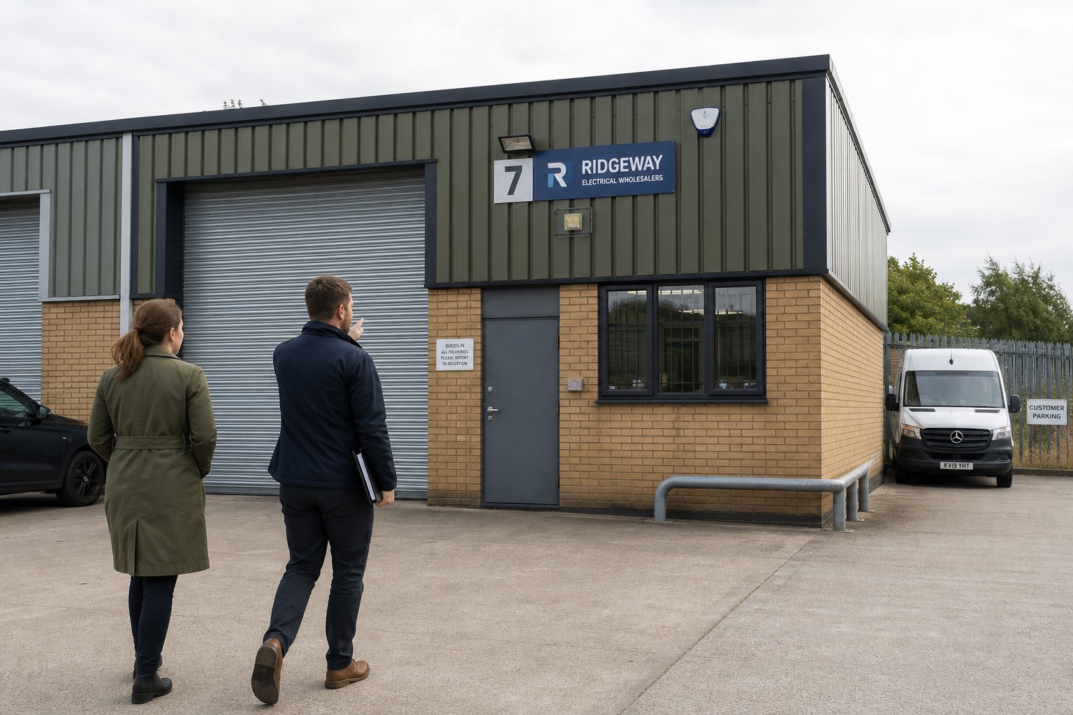 Client and advisor inspecting a small warehouse exterior in an industrial setting.