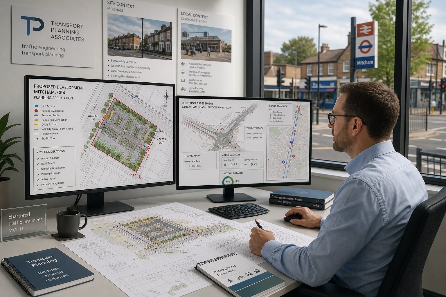 Traffic engineer reviewing development transport plans in a modern UK office.