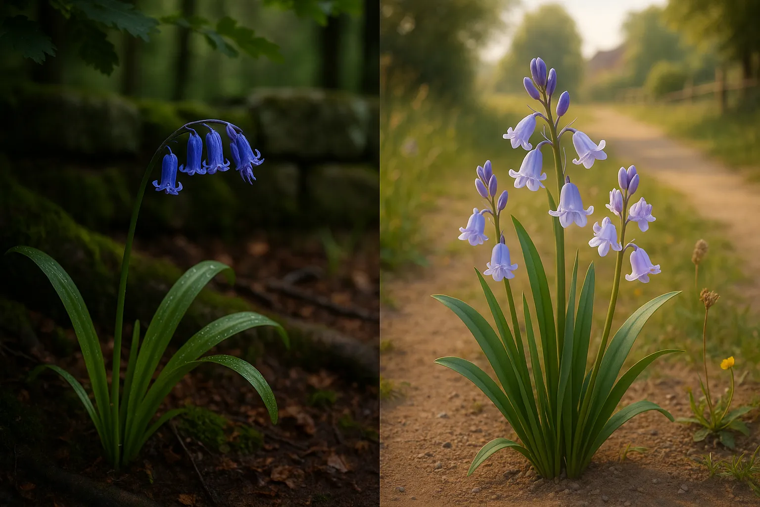 Close-up comparison of drooping English bluebells and upright Spanish bluebells
