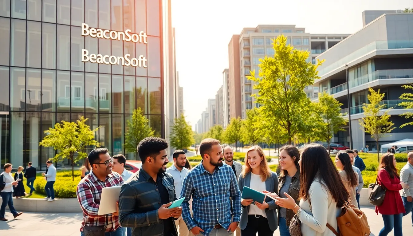 diverse professionals collaborating outside a modern tech building in BeaconSoft.