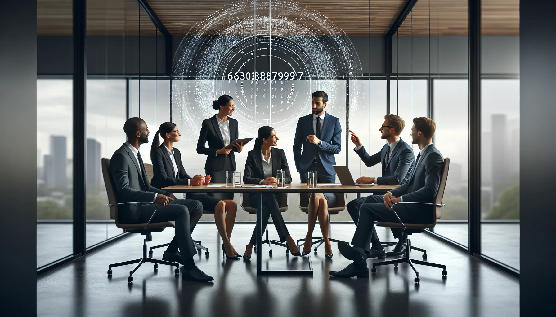 professionals discussing a digital identifier in a modern office.