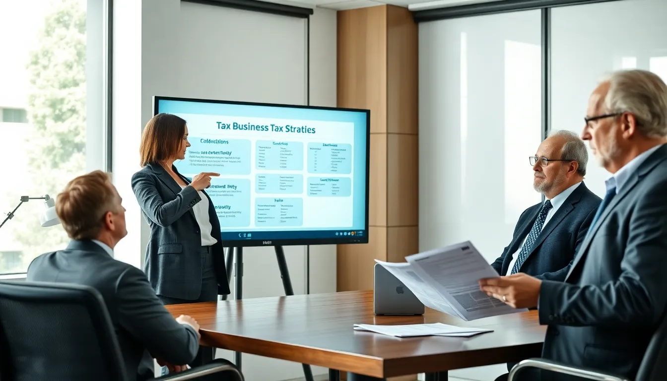 diverse business owners discussing tax strategies in a modern office.