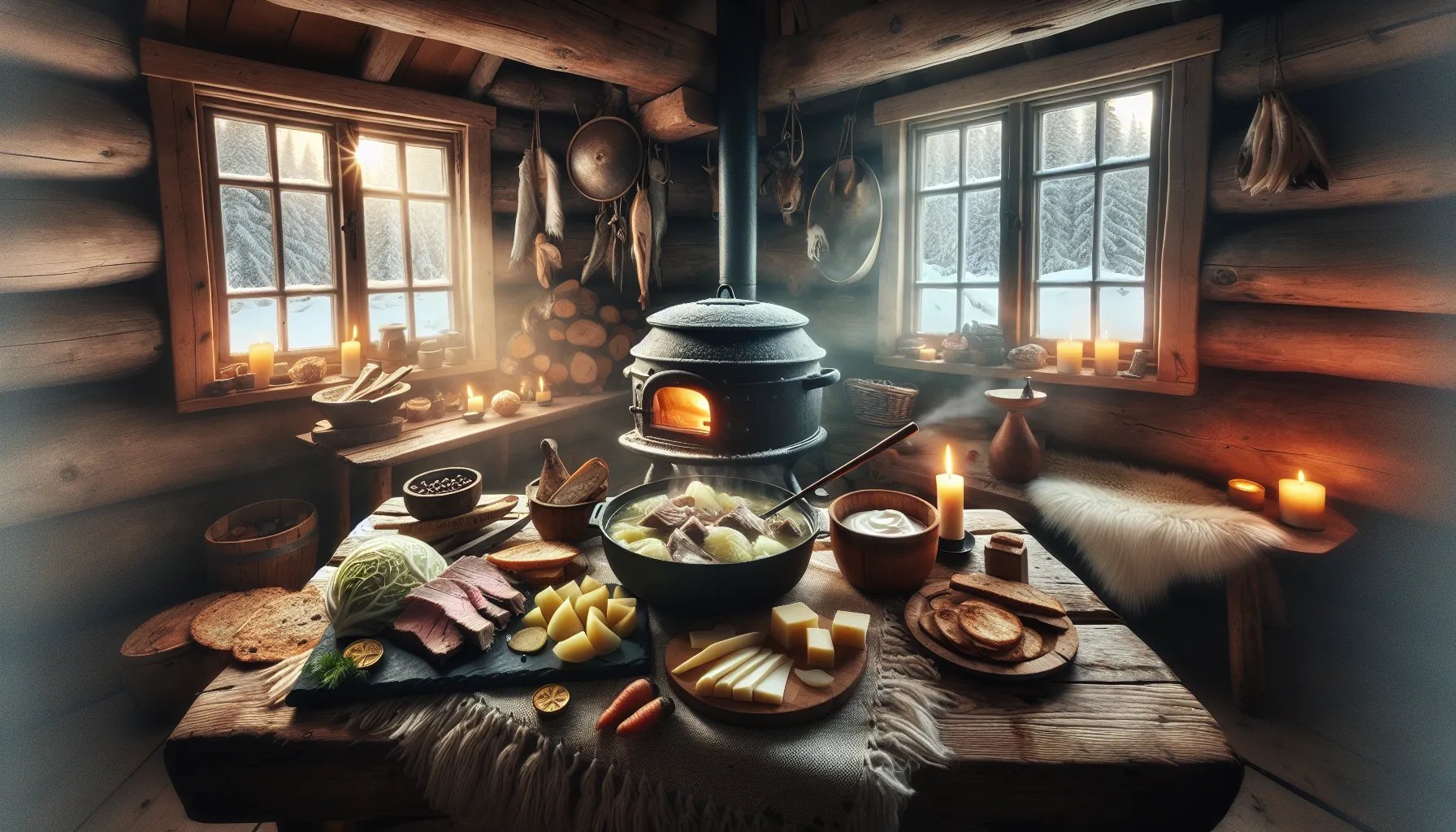 Steaming fårikål with smoked fish, potatoes, and pickles on a rustic norwegian table.