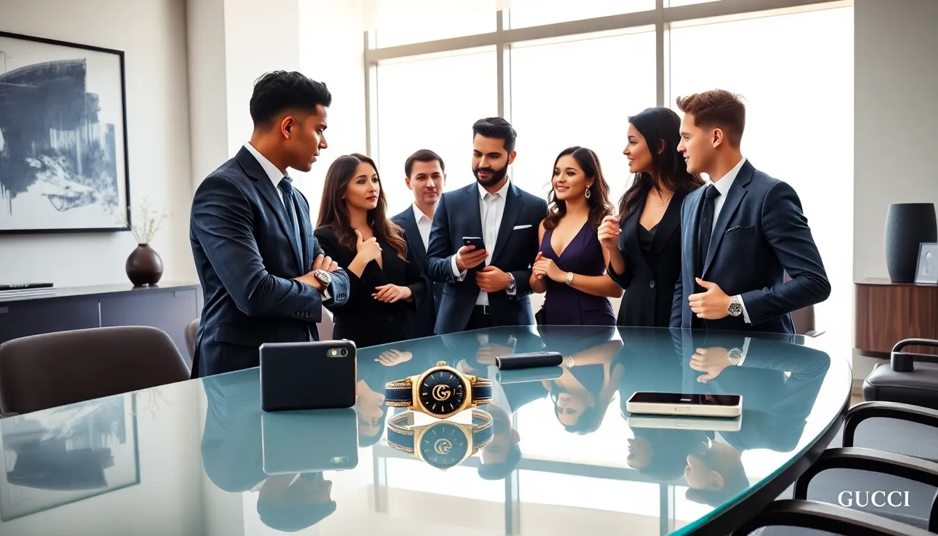 diverse professionals showcasing Gucci tech accessories in a modern office.