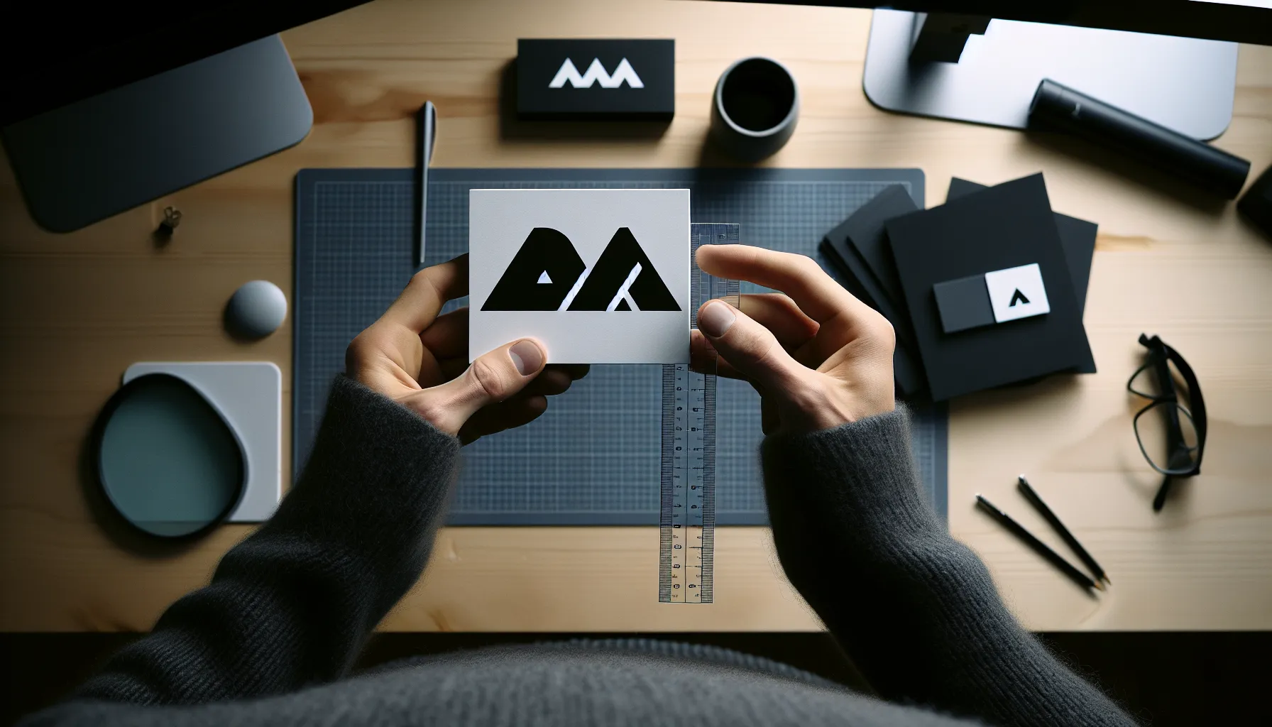 Designer squints at tiny black-and-white logo cards beside a ruler.