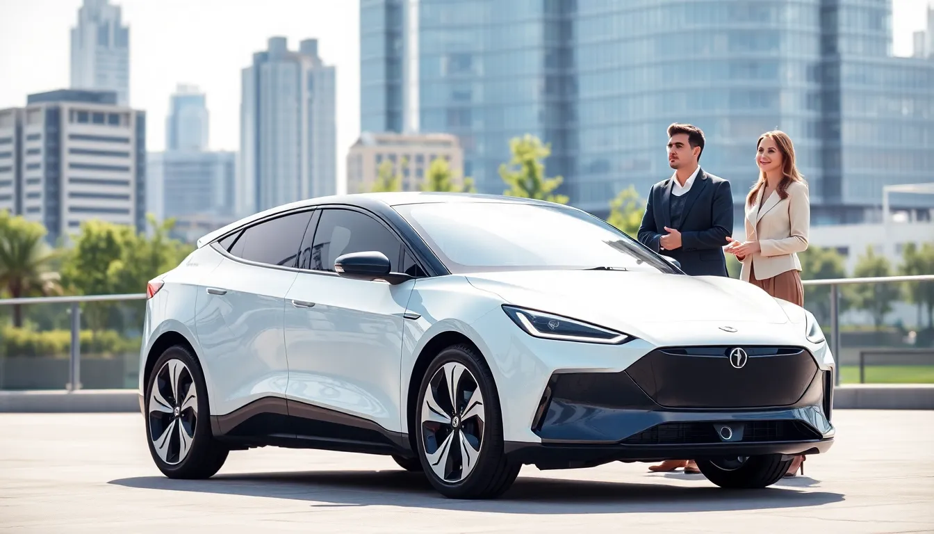 diverse team discussing a modern electric vehicle in an urban setting.