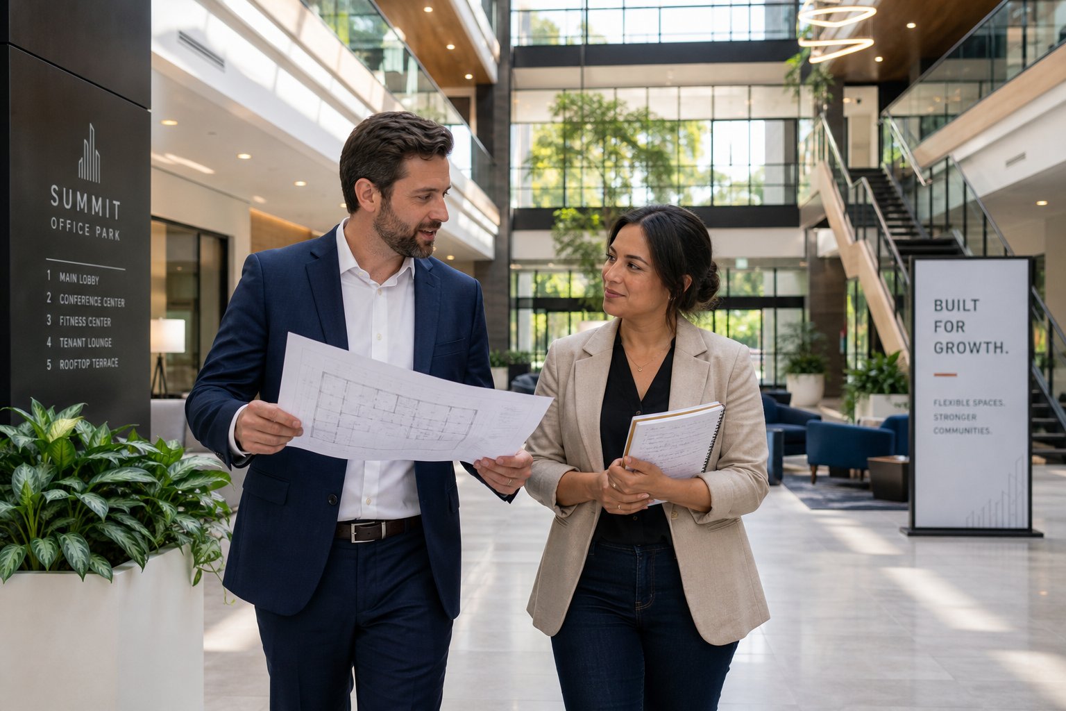 Broker and business owner walking through office building lobby with plans during financing discussion.