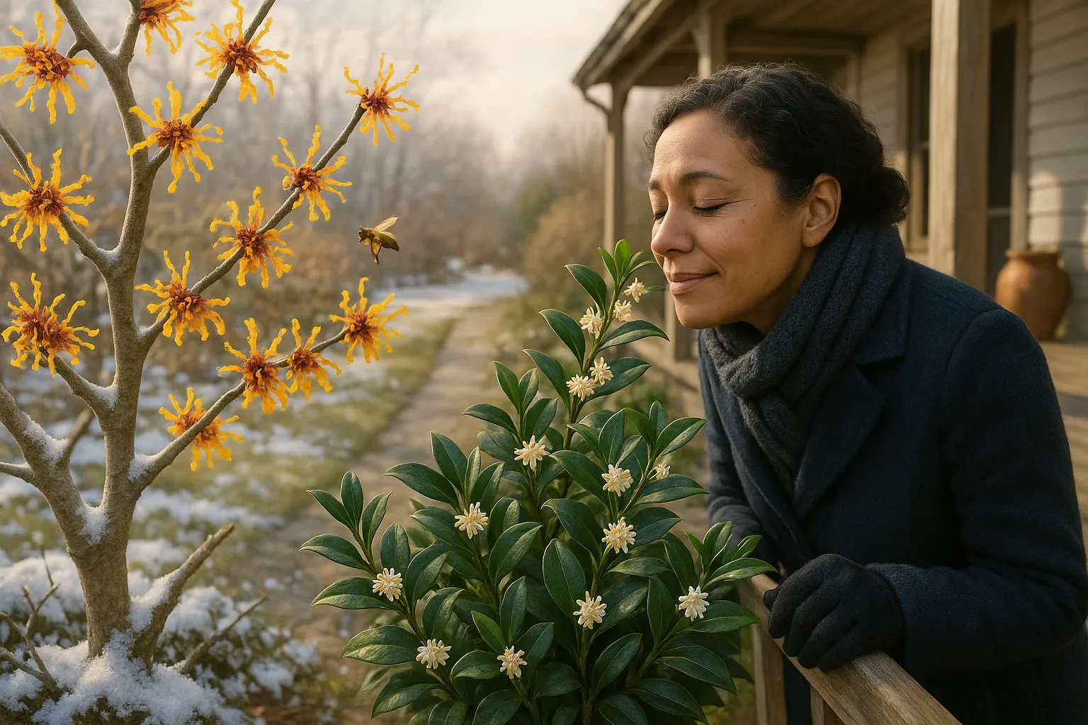 witch hazel blooms beside glossy Sarcococca as woman inhales its fragrance