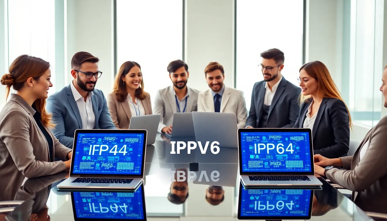 diverse team discussing IP addresses in a modern office.