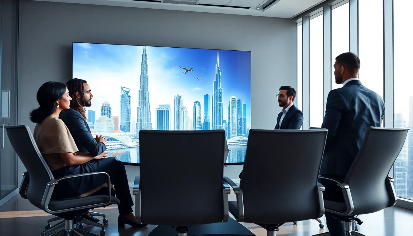 real estate professionals discussing Dubai investment opportunities in a modern office.
