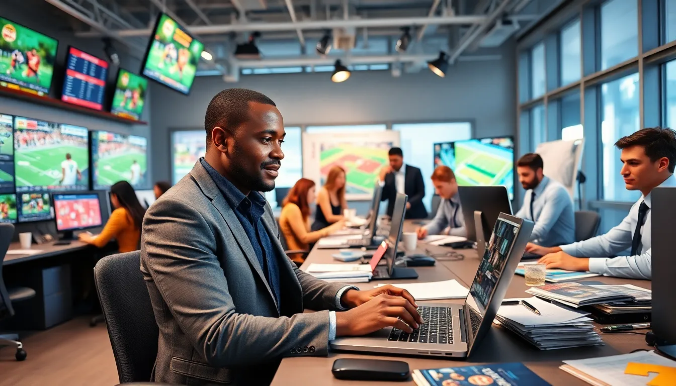 a busy sports newsroom with journalists working on sports news and statistics.