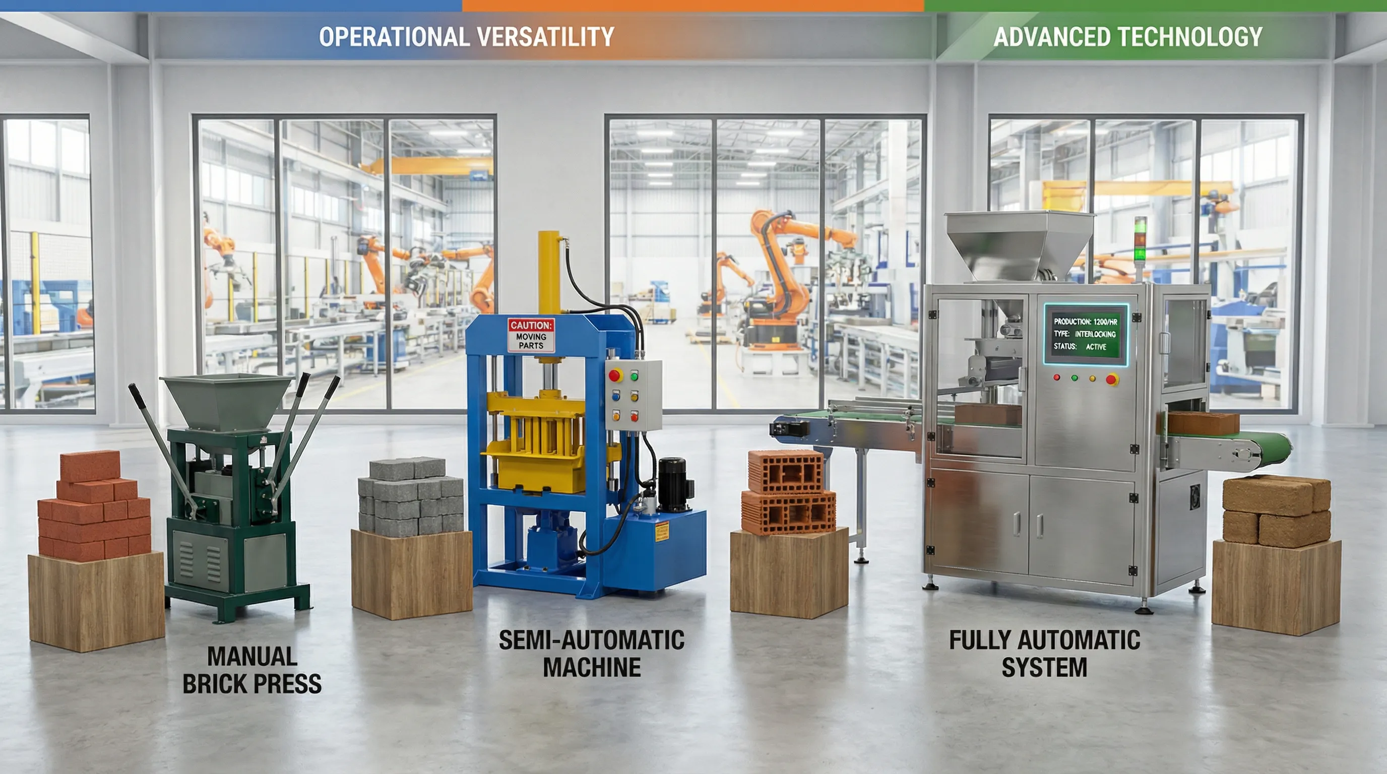 Three types of brick machines displayed in a modern industrial setting.