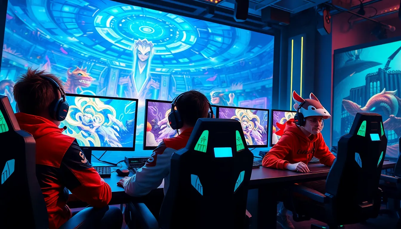 gamers in a high-tech studio playing a gigantic MOBA.