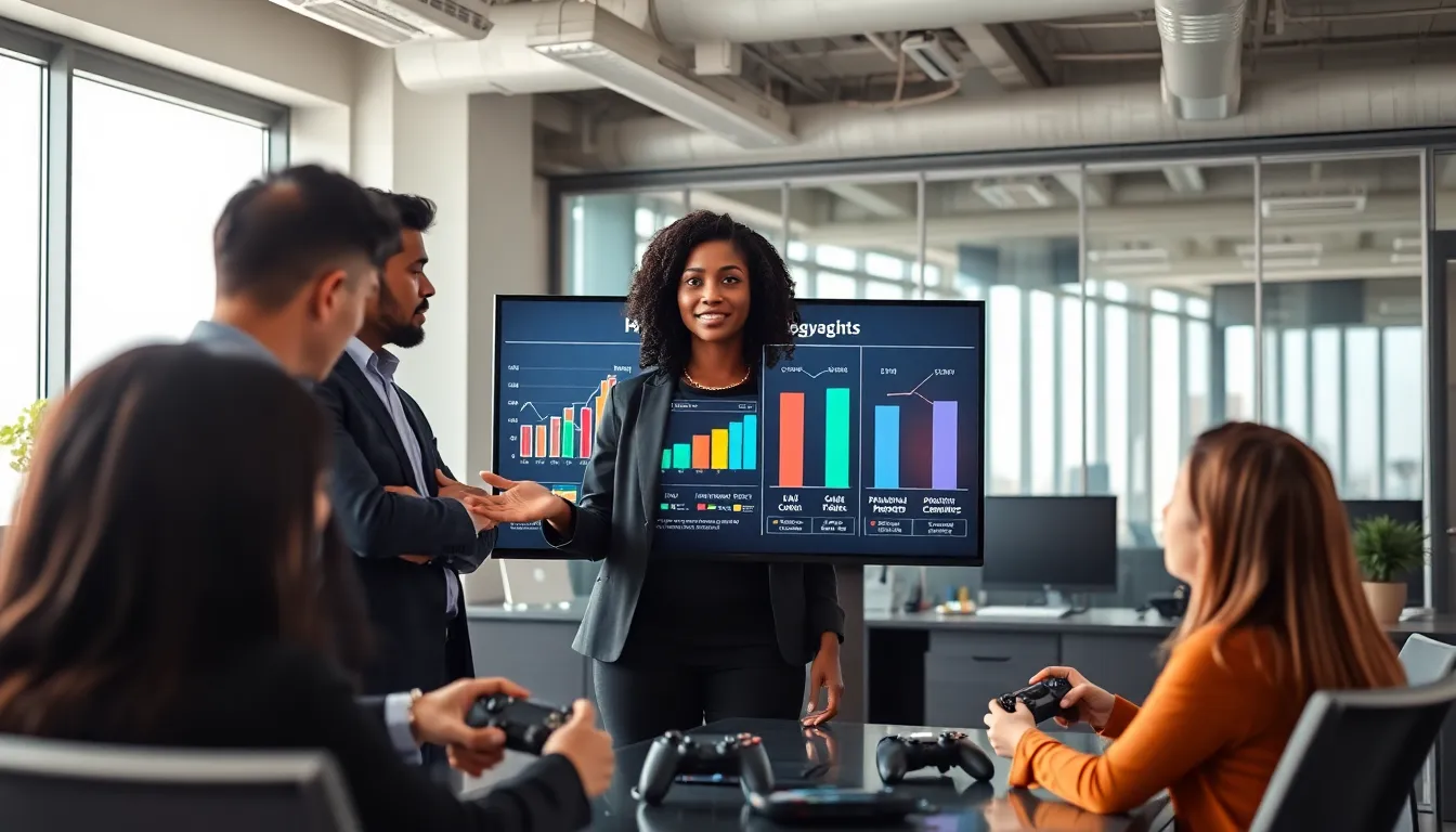 diverse team discussing gaming preferences in a modern office.