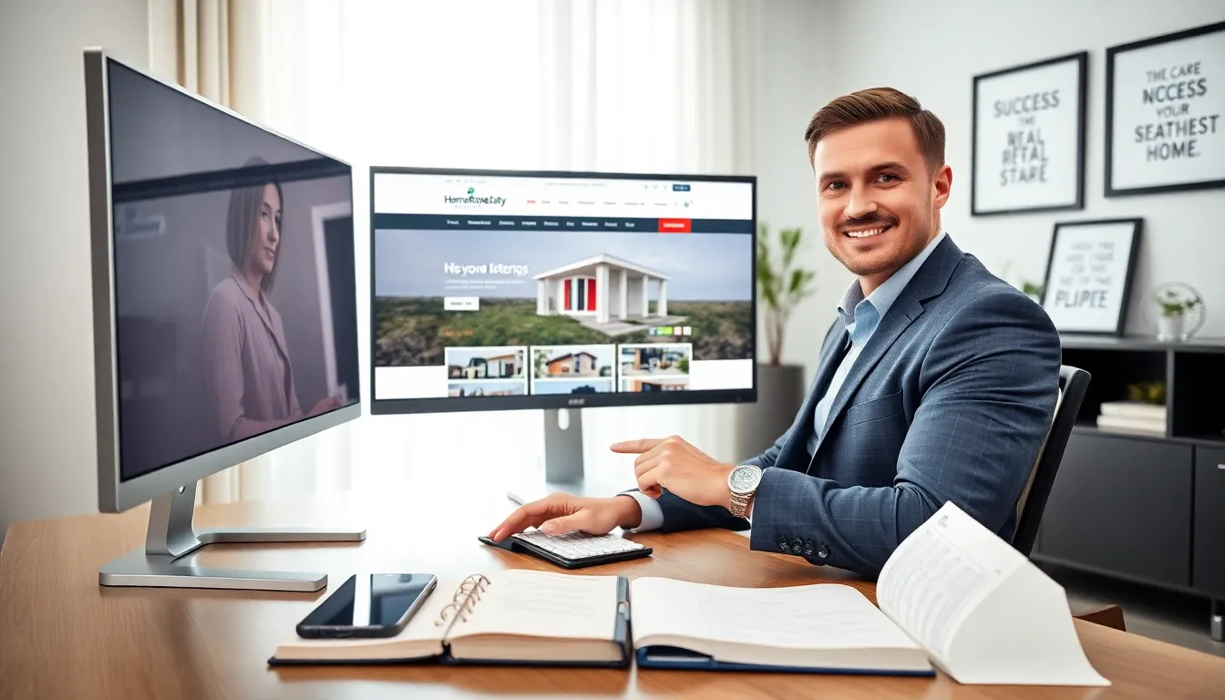 A real estate agent using a modern office setup with HomeRocketRealty.com on the screen.