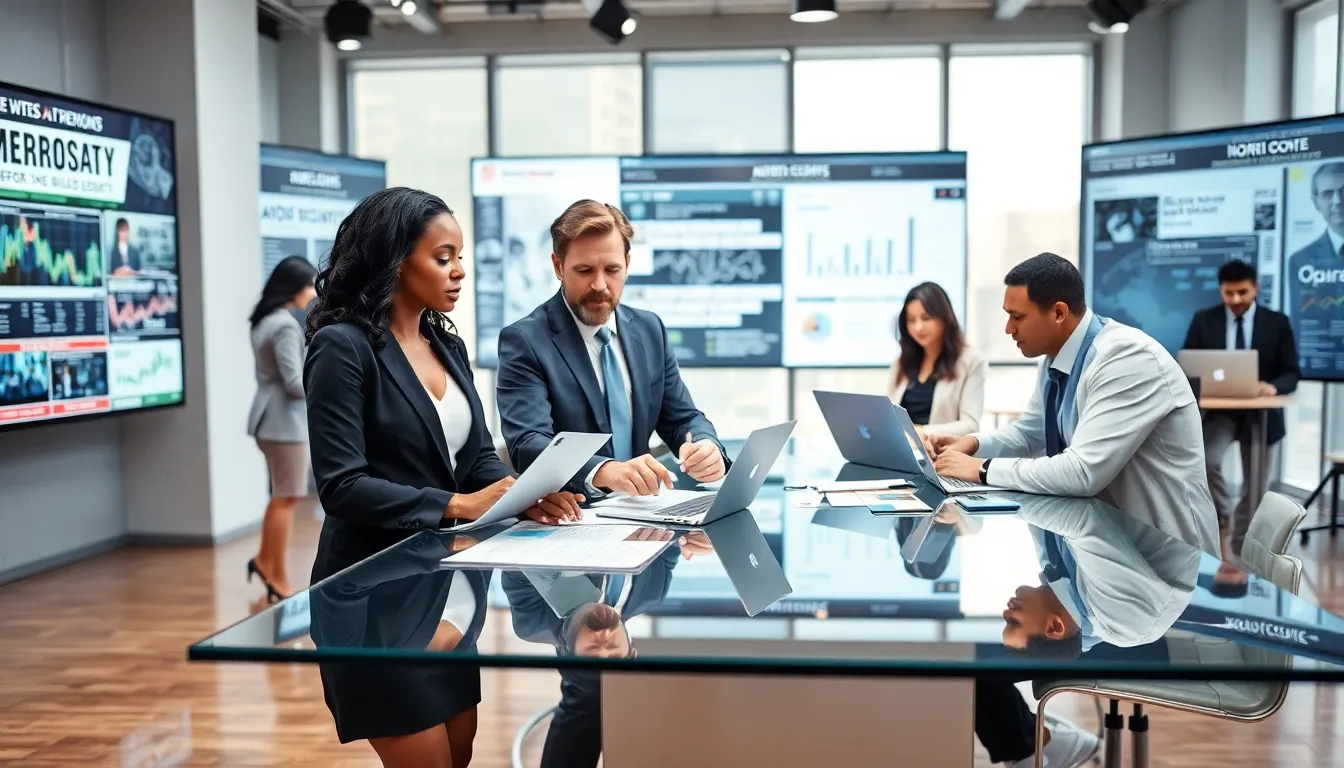 journalists collaborating in a modern newsroom setting.