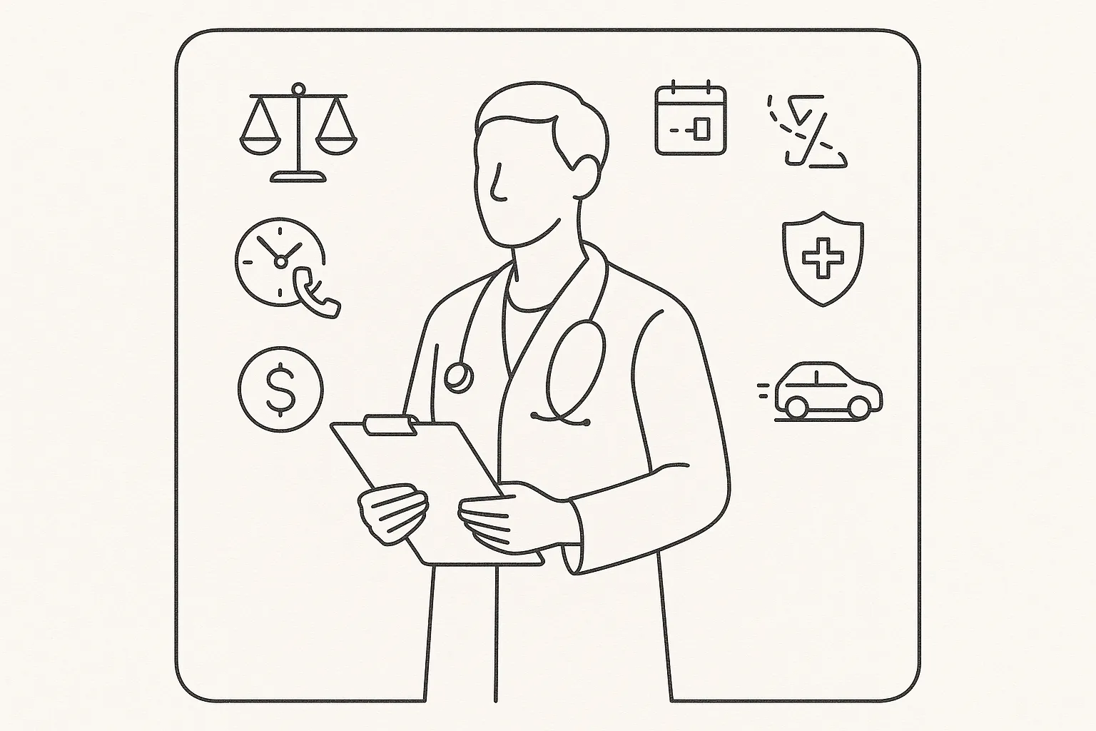 Relief veterinarian holding clipboard surrounded by icons for pay and shifts.