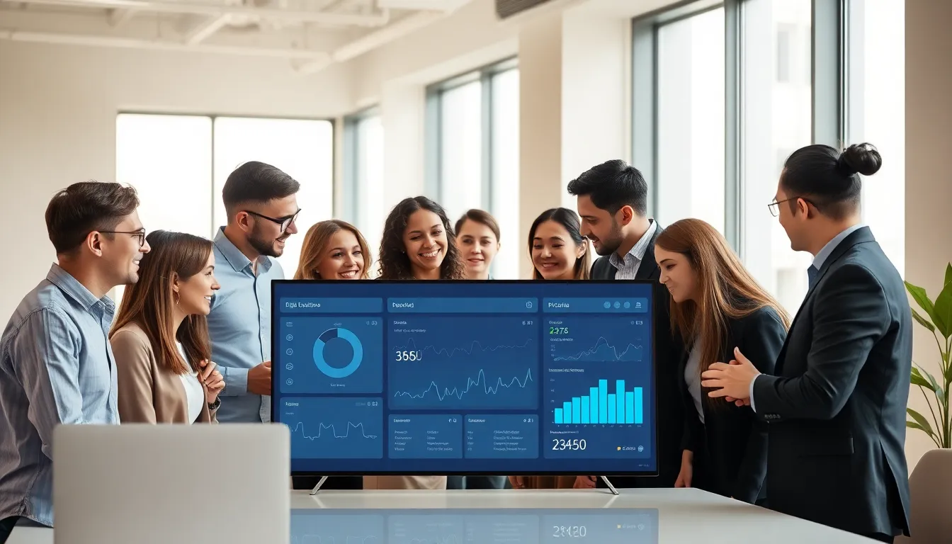 diverse team collaborating around a digital dashboard in a modern office.