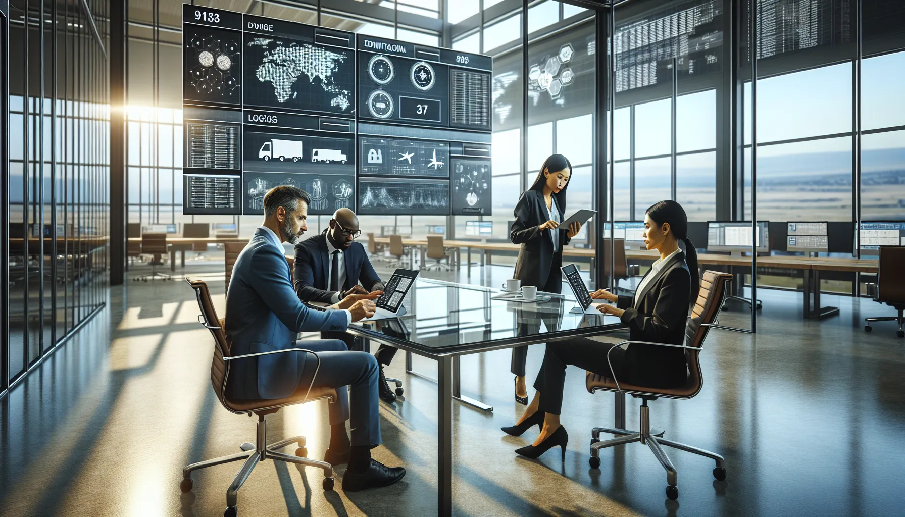 professionals collaborating in a logistics control room with digital tracking displays.