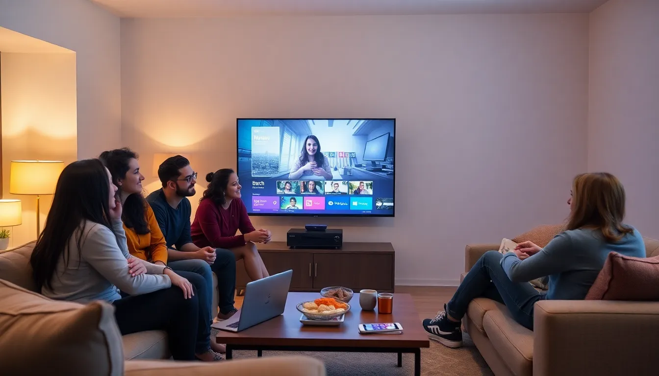 group enjoying Twitch on a Roku TV in a modern living room.