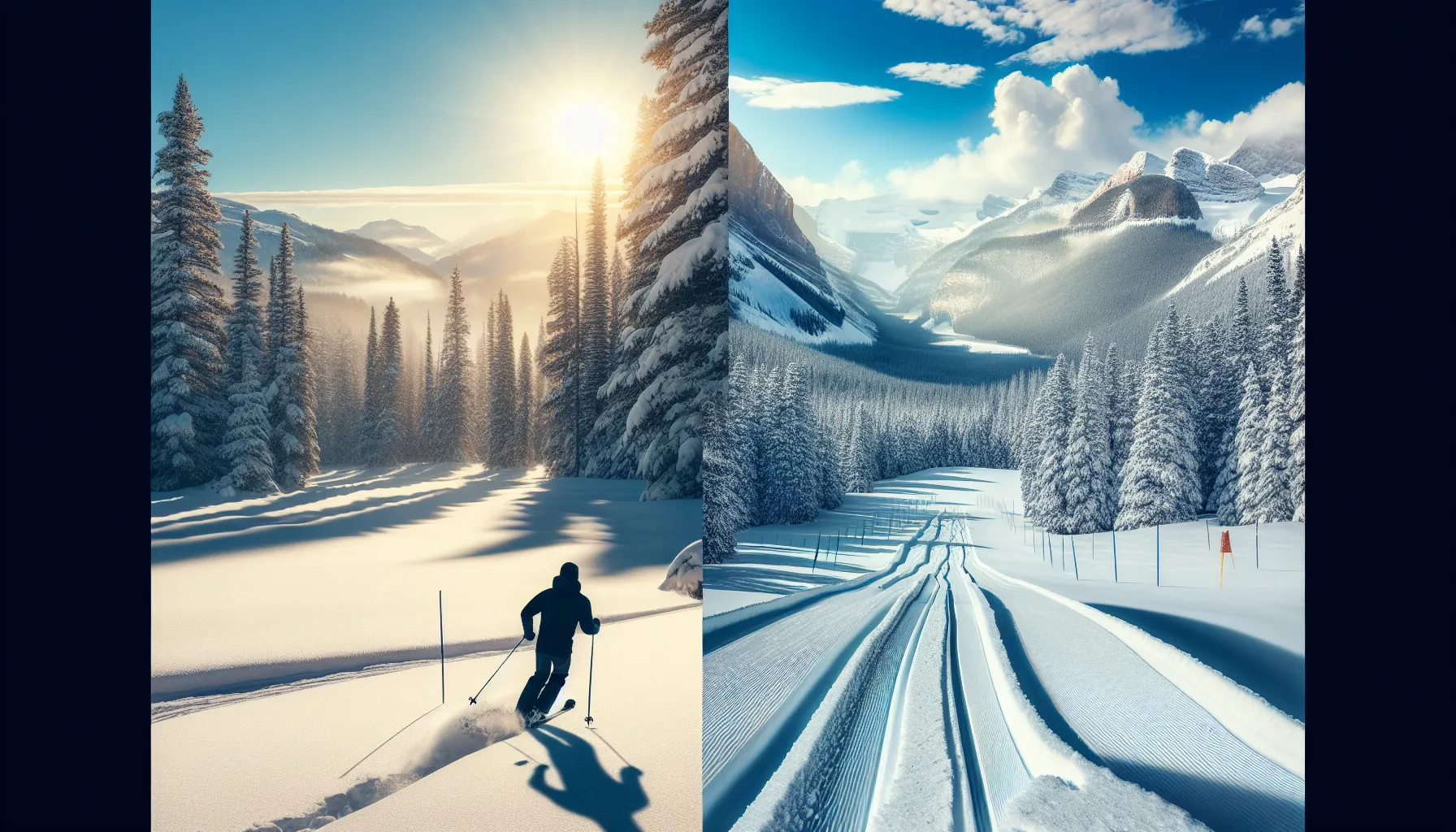 Comparison of cross-country and downhill skiing in a snowy landscape.
