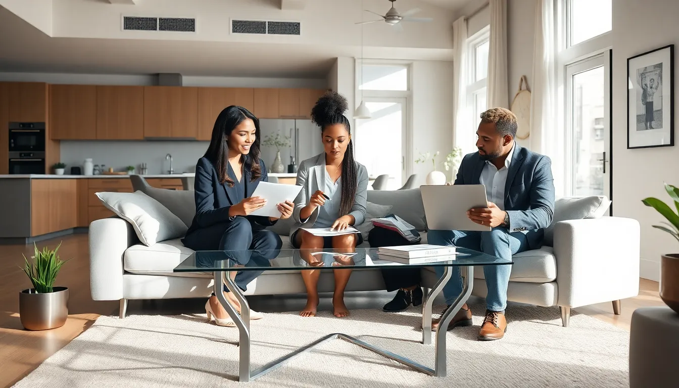 diverse professionals collaborating on home renovation ideas in a modern living room.