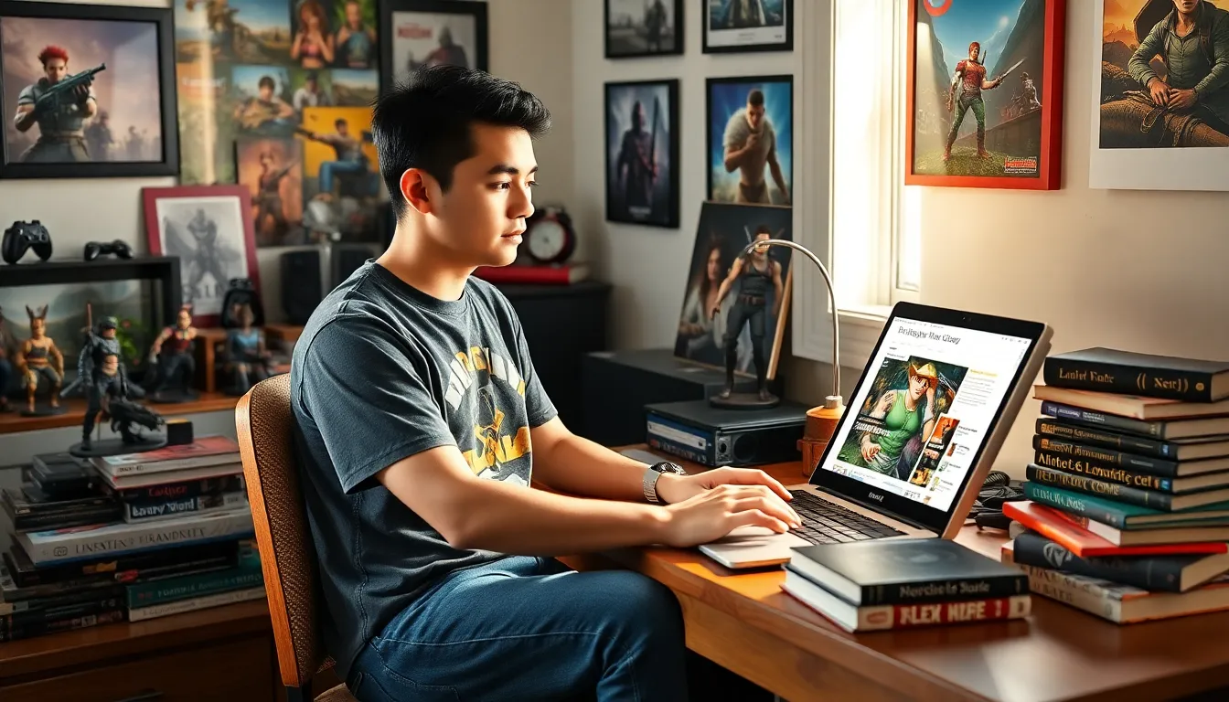 Larry Nando writing at his desk surrounded by gaming memorabilia.