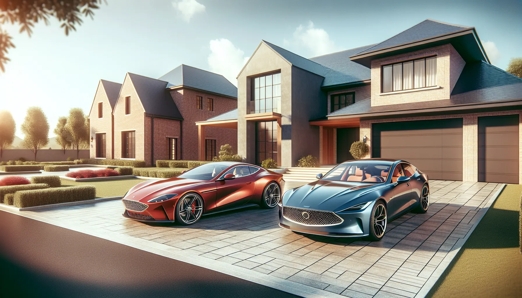 A coupe and a sedan parked in a suburban driveway.