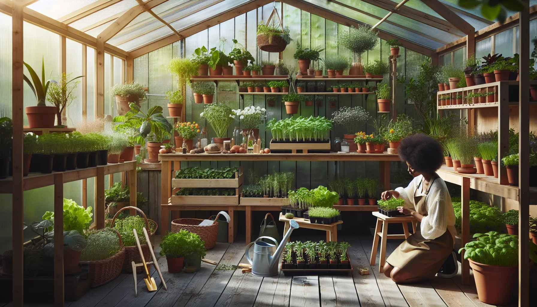 greenhouse with various plants and a person inspecting them.
