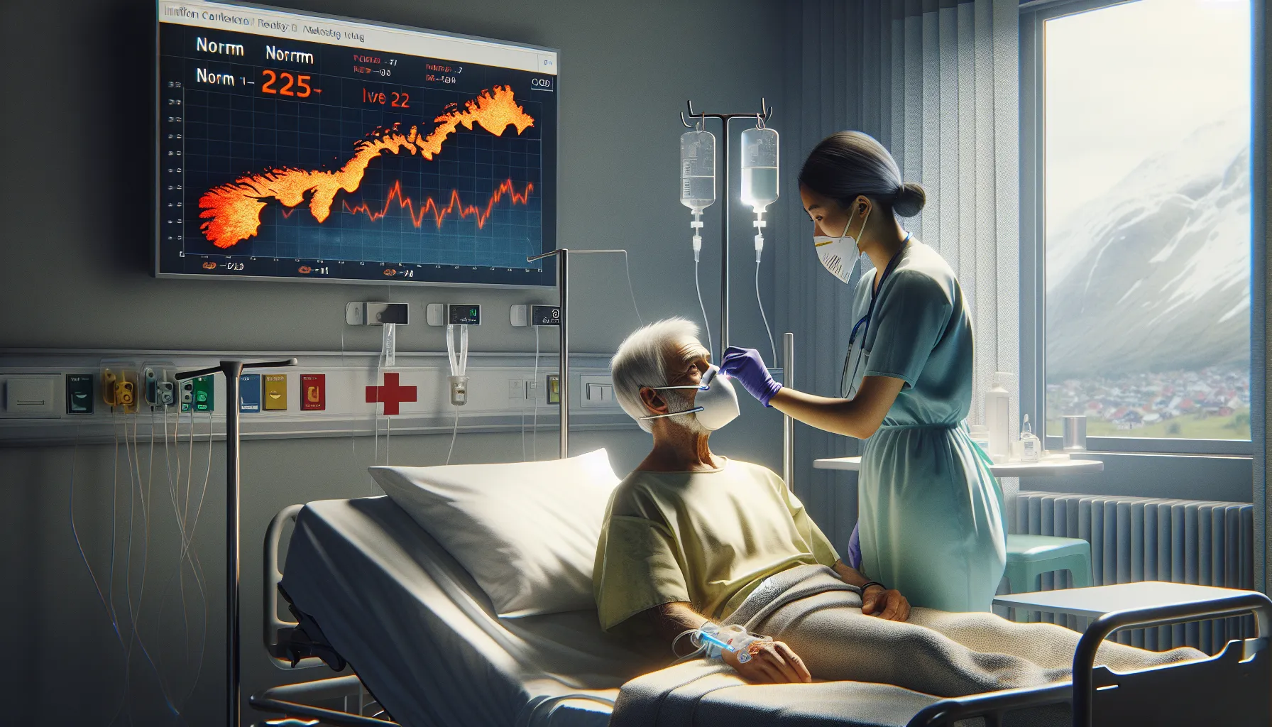 Norwegian nurse swabs elderly patient in isolation, data screen shows mrsa/vre hotspots.