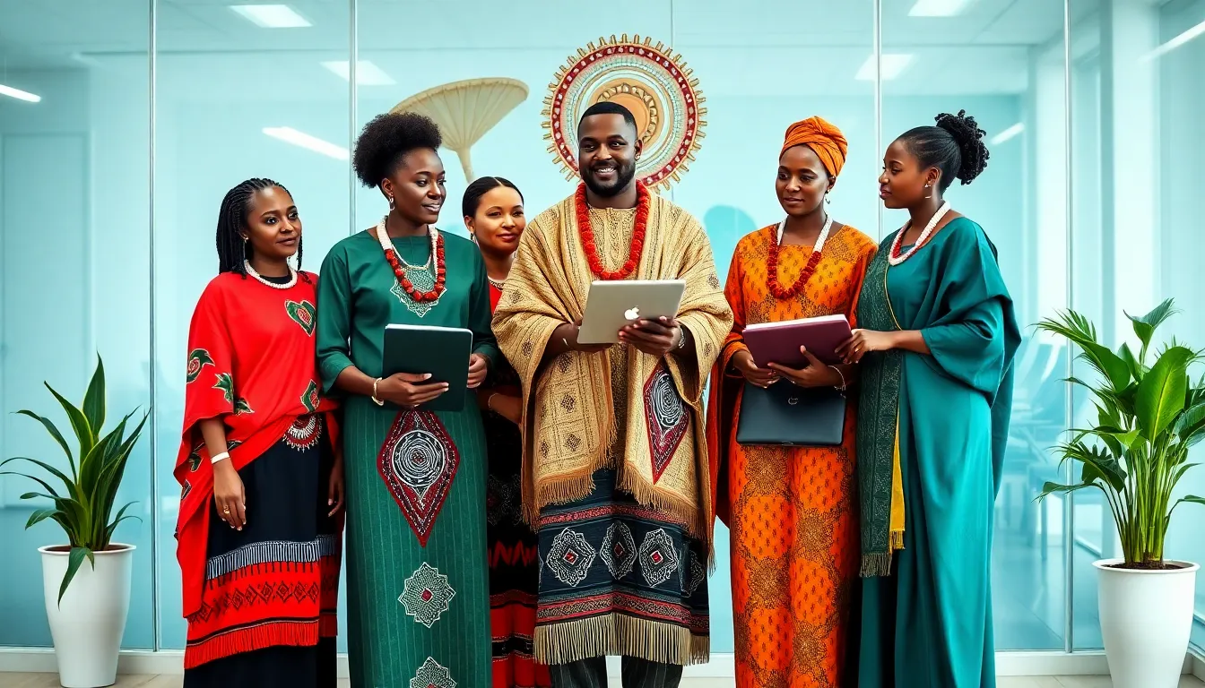 diverse professionals in Maasai attire collaborating in a modern office.