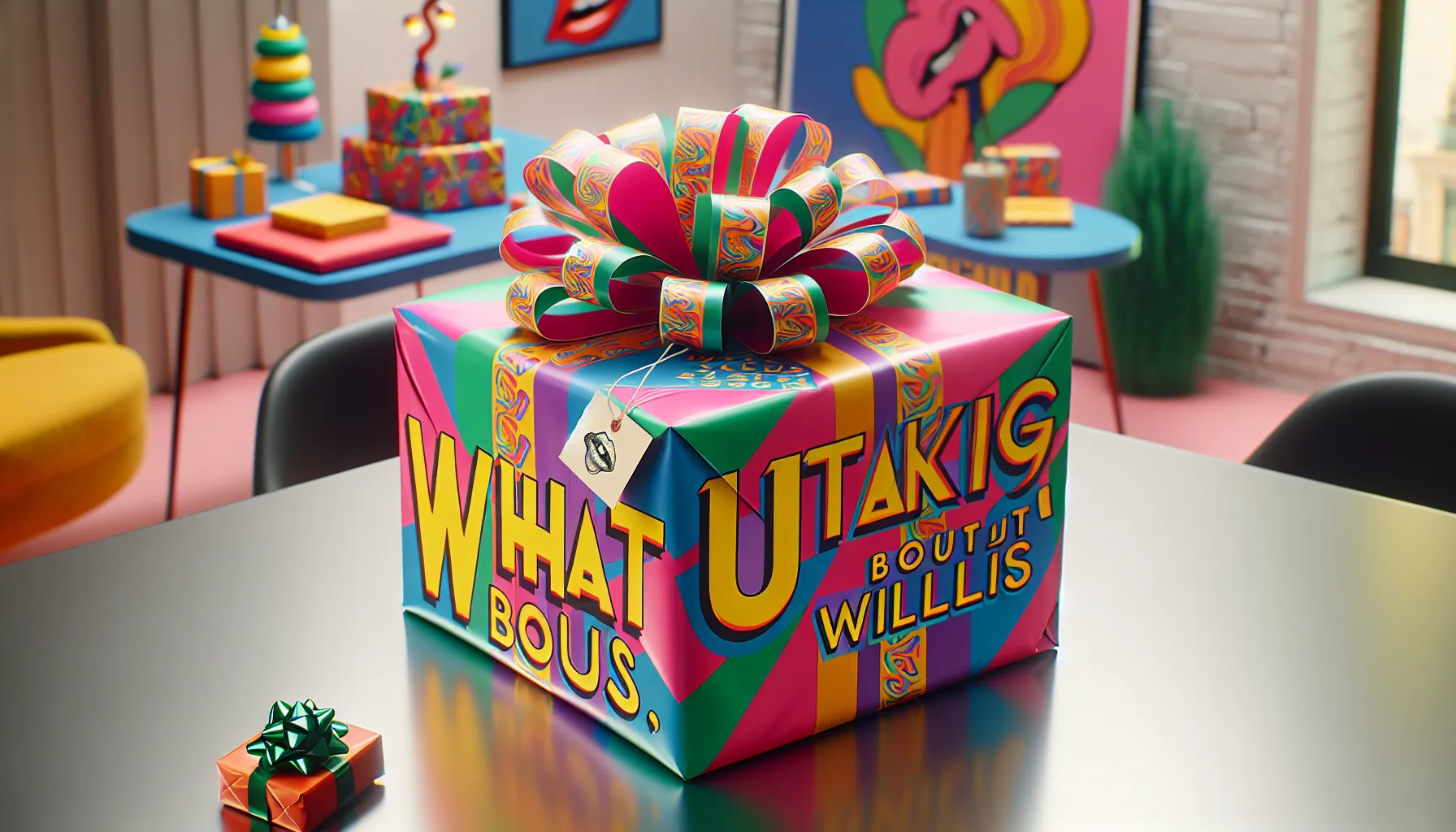 colorful gift wrapped with humorous tag on a modern table