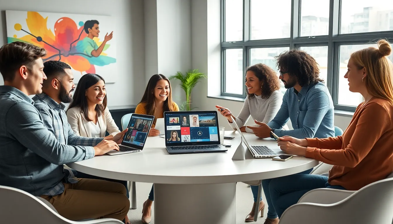 diverse team discussing engaging content in a modern office.