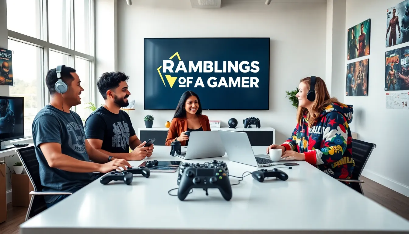 A diverse group of gamers collaborating in a vibrant office space.