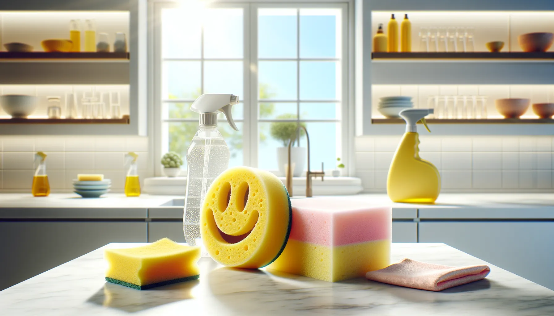 Scrub Daddy and Scrub Mommy sponges displayed on a kitchen counter.