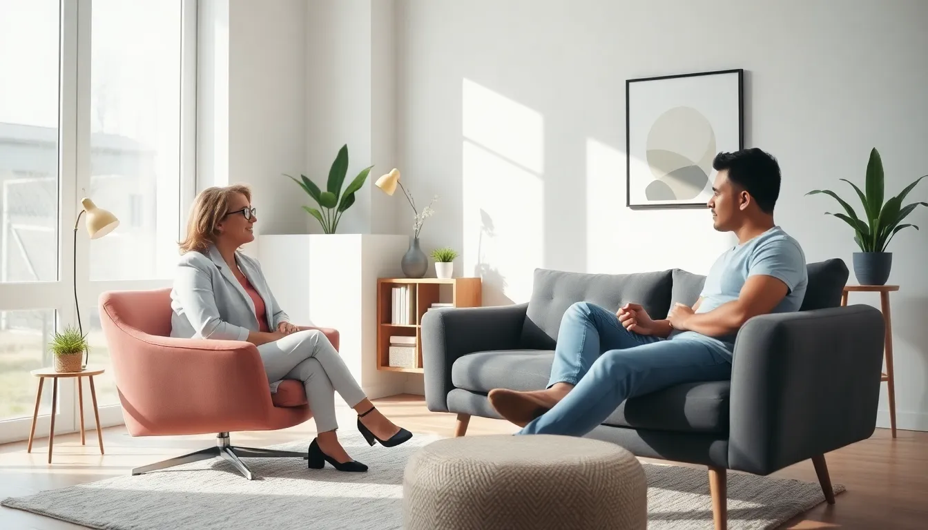 mental health counselor engaging with a client in a cozy therapy room.