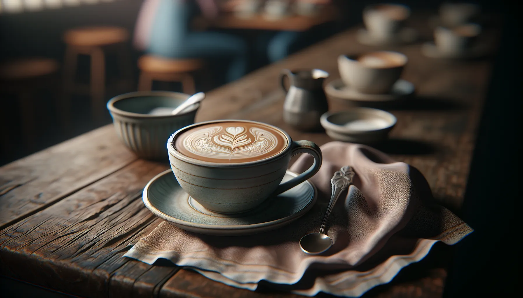 A flat white coffee in a ceramic cup with latte art on a wooden table.