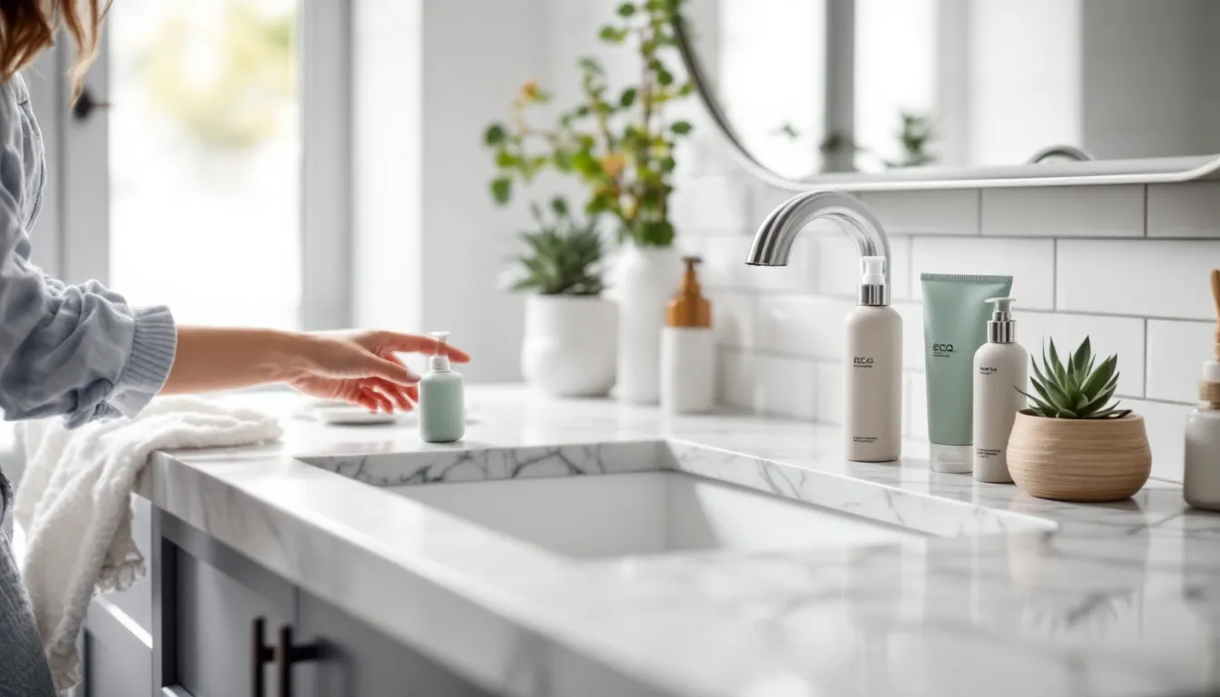 Hand reaching for an almost-empty shampoo bottle beside eco-friendly personal care alternatives on a bathroom counter.