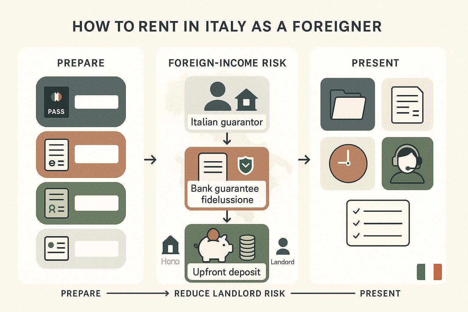 Infografica stile lista per affittare in Italia: documenti, opzioni garante, consigli di presentazione.