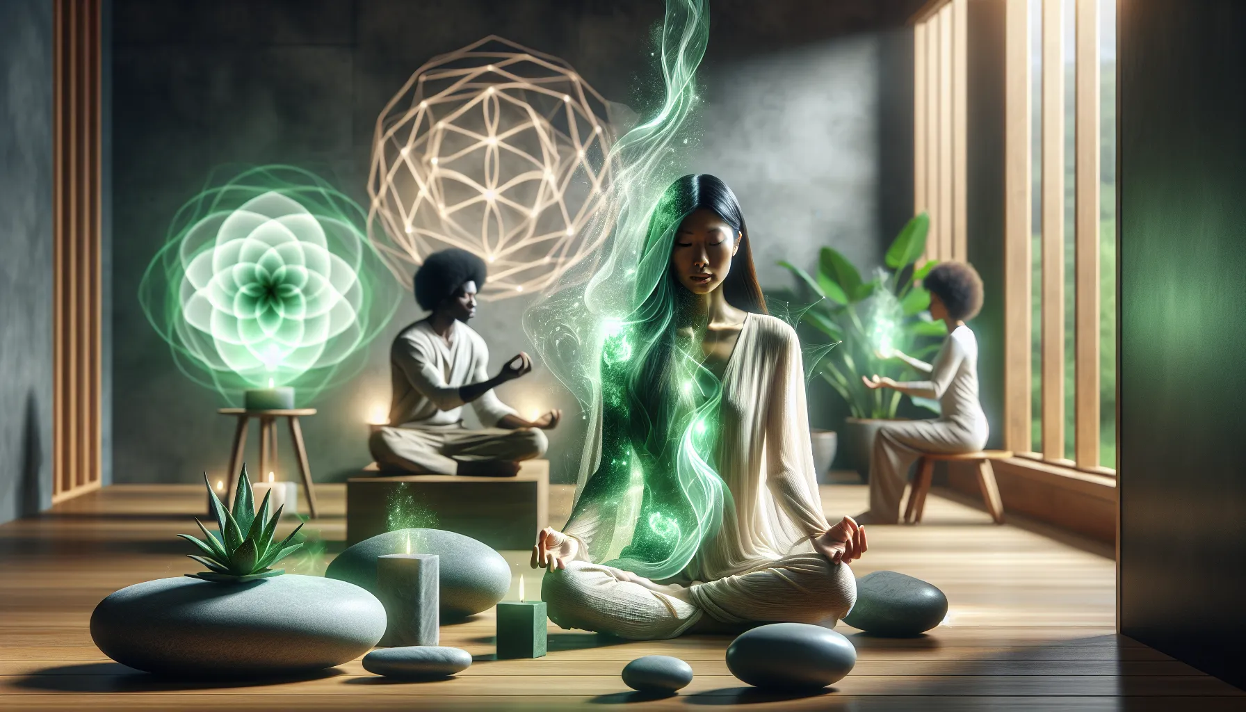 diverse group meditating in a serene energy healing room.