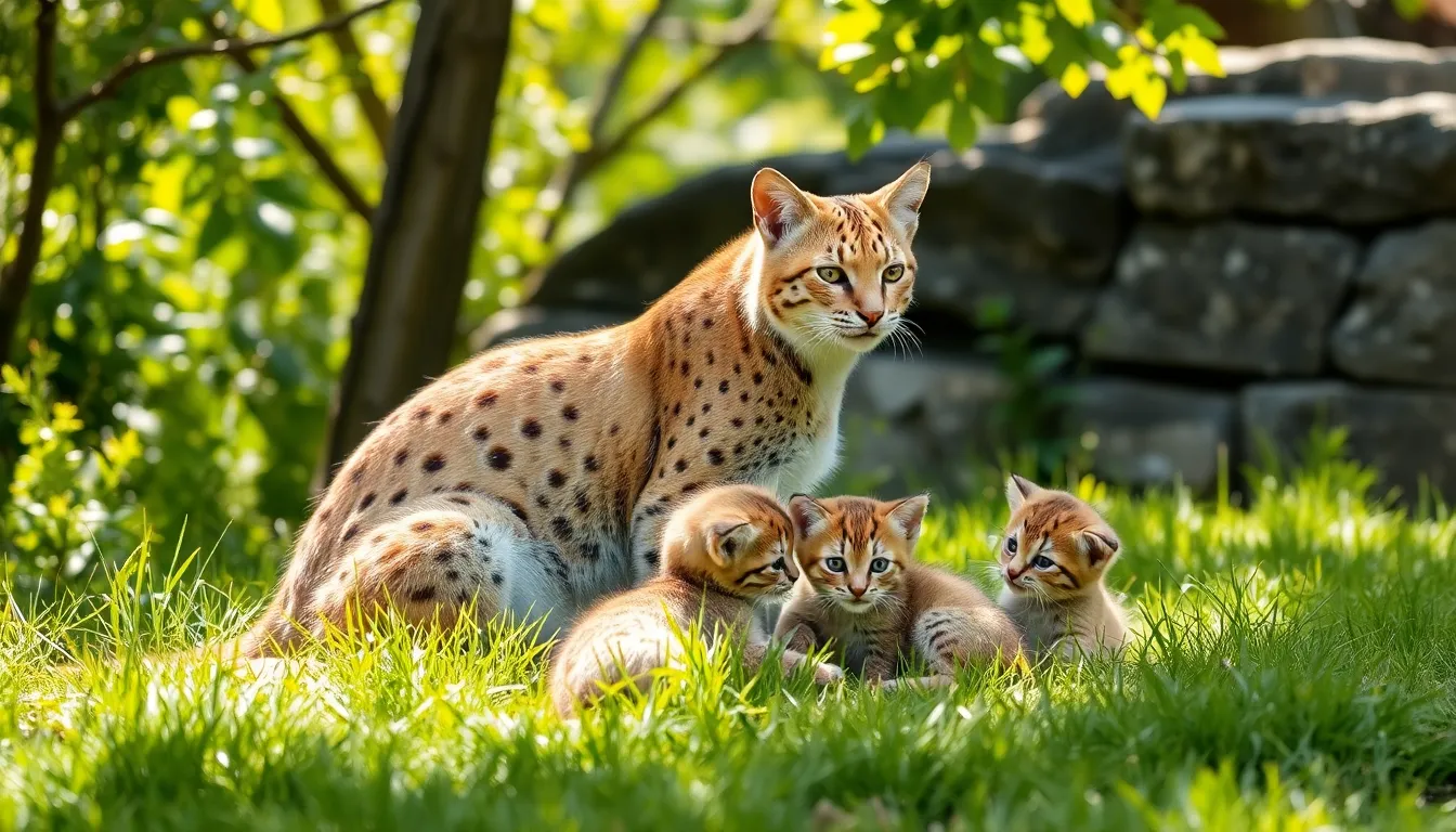 bobcat mother with her playful kittens in a natural setting.